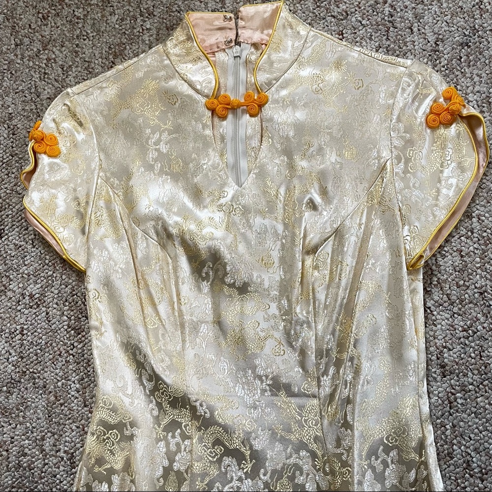 Chinese Traditional Beige Flare Dress Gown Short Sleeves